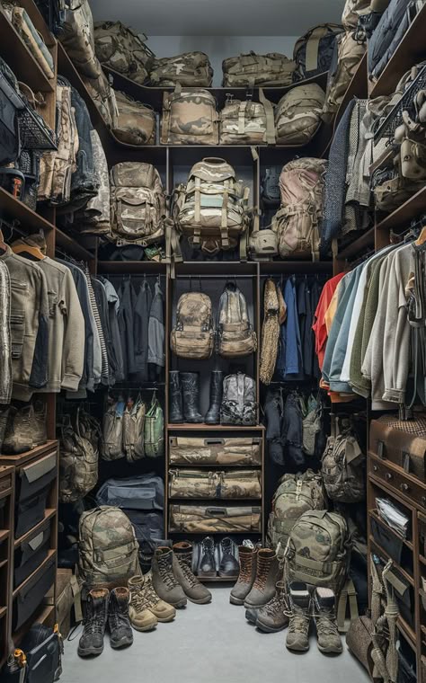 Merge outdoor aesthetics with tactical gear storage. 🌿 These army gear organization tips ensure your closet matches your adventurous lifestyle while keeping your gear ready for any outdoor activity. #TacticalGearStorage #ArmyGearOrganization #OutdoorTheme Tactical Storage Ideas, Army Gear Organization, Tactical Wear Aesthetic, Hunting Clothes Storage, Hunting Gear Closet, Survivalist Aesthetic, Hunting Gear Organization, Range Aesthetic, Tactical Room