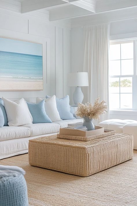 "Transform your home with a Modern Coastal Living Room! 🌊🛋️ Embrace the soothing colors of the sea and chic, breezy decor for a serene retreat. 🌟✨ #CoastalLiving #ModernDecor #BeachVibes" Coastal Modern Beach House, Coastal Sunroom Ideas, Beach Aesthetic House, Coastal Grandma Living Room, Coastal House Aesthetic, Modern Coastal Apartment, Island House Decor, Modern Coastal Decor Living Room, Coastal Chic Interior Design