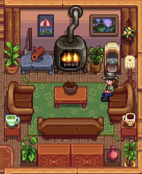 Farmhouse Decor Stardew Valley, Cellar Design Stardew Valley, Stardew Home Interior, Kitchen Ideas Stardew Valley, Stardew Valley Farm Interior, Stardew Valley House Interior Witchy, Stardew Valley Campfire Area, Orchard Stardew Valley, Stardew Valley Farmhouse Design