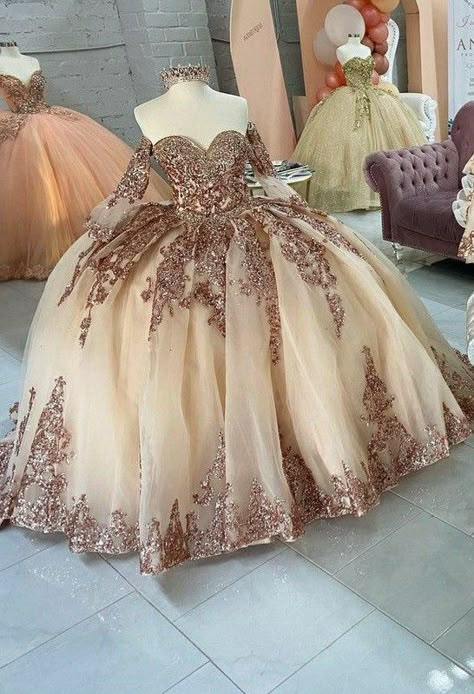 Princess Gowns Aesthetic Ball, Gold Quinceanera Dresses Off The Shoulder, White And Rose Gold Sweet 16 Dress, 15 Dresses With Sleeves, Rose Gold Dress Sweet 16, Champagne Color Quinceanera Dress, Extra Quinceanera Dresses, Brown Quince Dress, Quince Dresses With Sleeves