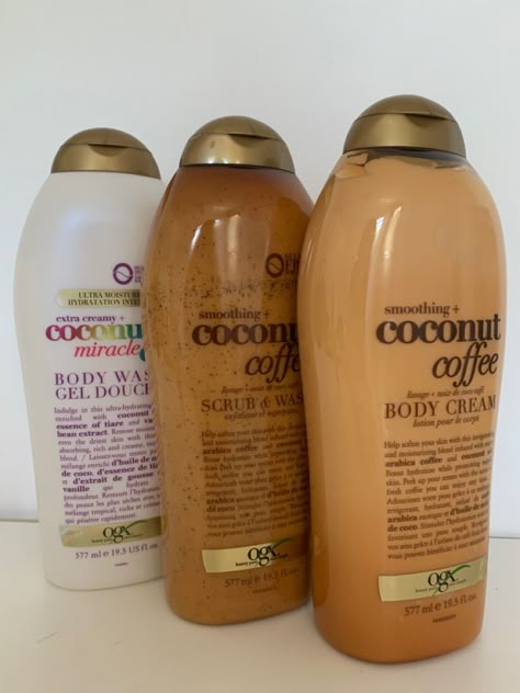 Coffee fragrance, coconut fragrance, coffee lotion, vanilla body wash, ogx Ogx Body Wash And Lotion, Coconut Coffee Body Cream, Vanilla Body Wash Aesthetic, Vanilla And Coconut Body Care, Vanilla Shower Products, Coconut Coffee Body Wash, Aesthetic Body Wash, Ogx Coconut Coffee, Ogx Body Wash