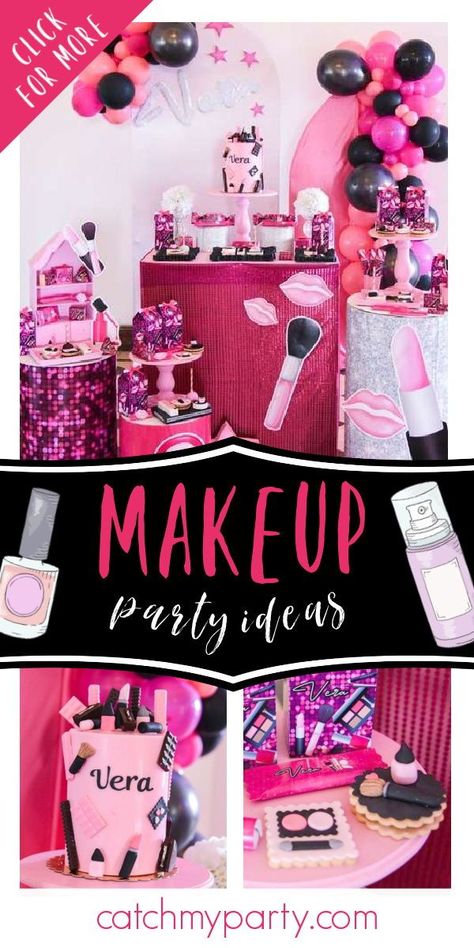 Makeup Decorations Party, Eyelash Party Ideas, Makeup Party Theme, Lipstick Party Theme, Makeup Theme Birthday Party Decorations, Makeup Party Games, Make Up Themed Birthday Party Ideas, Make Up Theme Birthday Party, Cosmetology Party Ideas