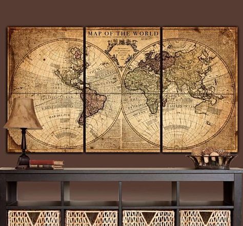 Map Canvas Painting, Vintage Maps Art, Gold Map, Vintage World Map, Vintage Industrial Decor, World Map Art, World Map Canvas, Cow Canvas, Map Wall Decor