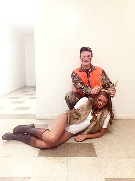 Deer and hunter couples Halloween costume! Hunter Deer Couple Costume, Deer Halloween Costumes Women, Deer And Hunter Couples Costume, Deer Costume Women, Deer And Hunter Costume, Hunter Halloween Costume, Deer And Hunter, Deer Halloween Costumes, Cool Couple Halloween Costumes