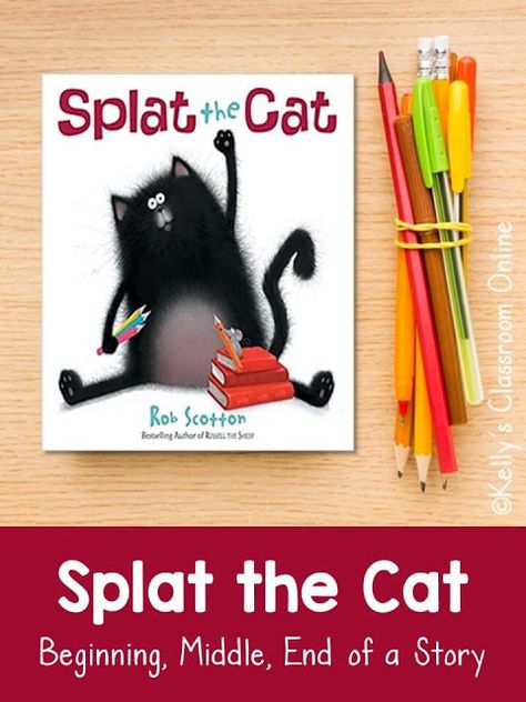 Everybody gets nervous about the first day of school... even Splat the Cat!  Splat tries everything he can think of to put off going to school, but it doesn't work.  Splat decides to bring his mouse Seymour to school with him for comfort and chaos happens!  A terrific story for your reading lessons on beginning, middle, and end and for story elements.  A good back-to-school read-aloud!  40 pages in all.  FREE beginning, middle, end printable in the post.  #kellysclassroomonline Splat The Cat, Third Grade Books, Second Grade Books, First Grade Books, Beginning Middle End, Stem Books, Kindergarten Books, Read Aloud Books, Reading Comprehension Skills