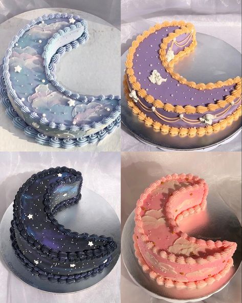 Pretty Purple Cakes, Moon Cake Aesthetic, Taurus Cake Ideas, Moon Cake Ideas, Moon Shaped Cake, Moon Themed Cake, Moon Cake Design, Crescent Moon Cake, Moon Birthday Cake