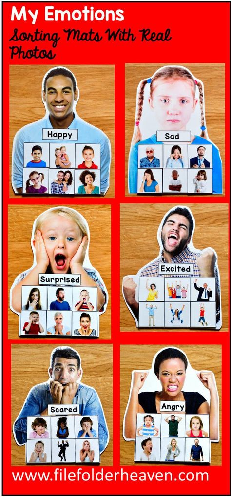 These Identifying Emotions Activities: Sorting Emotions With Real Photos include 6 unique sorting mats that focus on identifying emotions. Photos include men, women, children, and people from many cultures. (Please see preview photos for details.) At an independent workstation, center or language group, students complete the following sorting and classification activities. Sorting Happy Sorting Sad Sorting Angry Sorting Excited Sorting Surprised Sorting Scared Identifying Emotions, Teaching Emotions, Emotions Preschool, Emotions Activities, Social Emotional Activities, Sorting Mats, Social Emotional Development, My Emotions, Folder Games