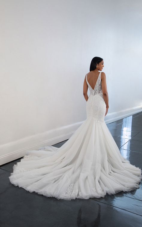 Elegant Beaded Lace Fit-and-Flare Wedding Dress with Sparkle Tulle Skirt Fit And Flare Wedding Dress Tulle, White Dress With Tulle, Form Fitting Wedding Dress Long Train, Mermaid Flare Wedding Dress, Fluffy Mermaid Wedding Dress, Dramatic Train Wedding Dress, Mermaid Sparkle Wedding Dress, Fit And Flare Wedding Dress With Straps, Glitter Wedding Dress Sparkle Mermaid