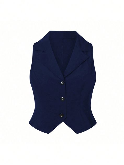 Navy Blue Elegant Collar Sleeveless Woven Fabric Plain vest Embellished Non-Stretch  Women Plus Clothing Navy Fitted Suit, Waist Coat Outfit Women, Blue Vest Women, Navy Blue Vest, Plain Vest, Casual Suit Jacket, Fitted Suit, Casual Suit, Coat Outfits