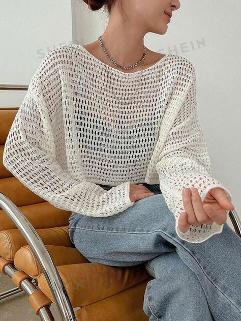 DAZY Hollow Out Drop Shoulder Crop Sweater | SHEIN USA Crochet Long Sleeve Tops, Crop Pullover, Traje Casual, Quick Outfits, Boat Neck Tops, Cropped Long Sleeve, Sweater Crop, Open Knit Sweater, Blouse Diy