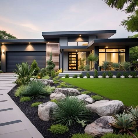 Front Home Landscaping Modern, Modern Desert Front Yard, Modern House Driveway, Along Driveway Landscaping, Front Yard Landscaping With Driveway, Landscaping For Black House, Contemporary Landscape Design Front Yard, Landscape Next To Driveway, Landscape Design Front Of House Modern