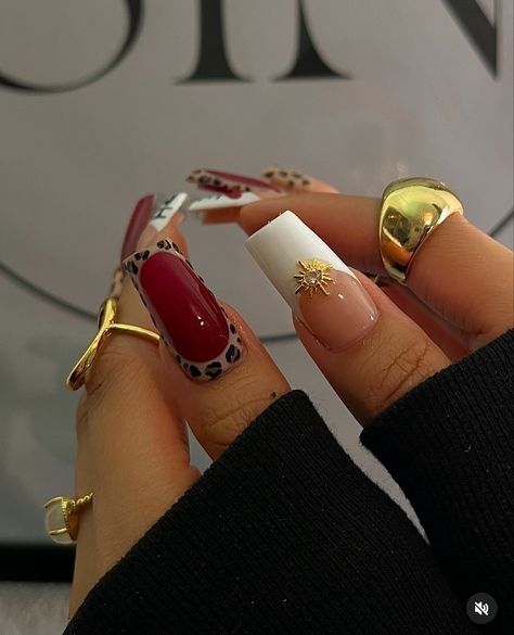 Dangling Charms On Nails, Red Nails With Pearls On Them, Cherry Leapord Nails, Messy Nails Aesthetic, Street Style Nails Aesthetic, Edgy Birthday Nails, Flare Nail Designs, 29th Birthday Nails, Minimalistic Fall Nails