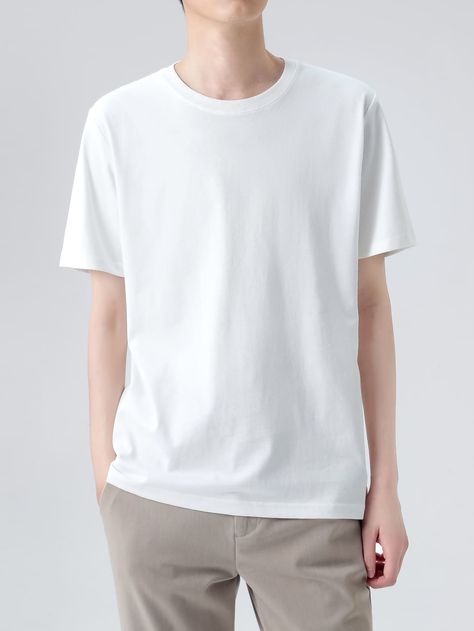 White Basics  Short Sleeve Cotton Plain   Non-Stretch Summer Men Tops White Round Neck T Shirt Men, Plain Tshirt Outfit, Short Mockup, Tshirt Layout, Plain White Tshirt, White Tshirt Outfit, White T Shirt Men, Plain Tee Shirts, Plain White Shirt