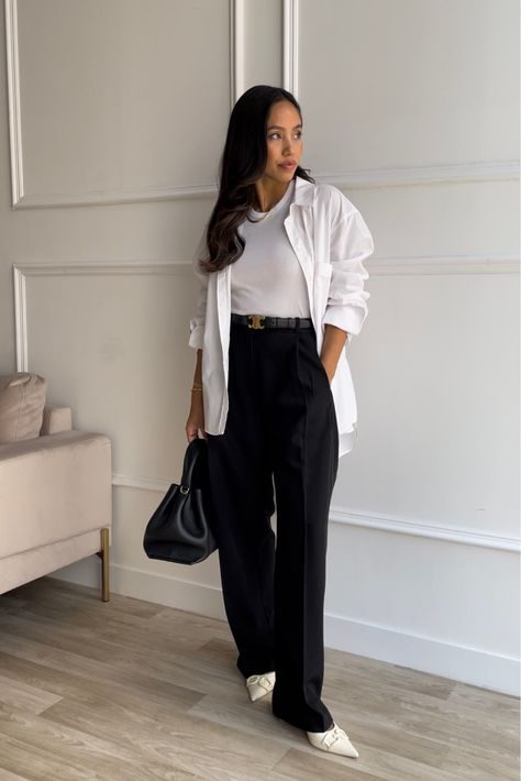 Casual Outfit With Black Trousers, Black Pants Heels Outfit, Black Trousers And Shirt, Black Trouser White Shirt, Style Black Trousers Casual, Women’s Work Outfits Summer 2023, White T Shirt And Black Pants, Black Trousers Crop Top Outfit, White Top Black Trousers Outfit