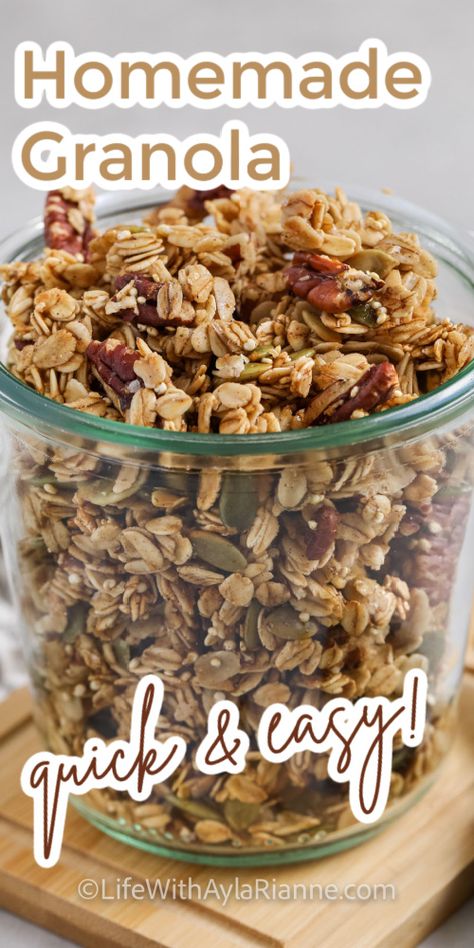 Wholesome homemade granola, packed with oats, nuts, seeds, and a hint of sweetness from maple syrup. Crunchy, flavorful, and endlessly customizable, this is the perfect recipe. Perfect for breakfast or snacking.  via @aylarianne Granola With Nuts Recipe, Granola With Egg Whites, Maple Granola Recipe Healthy, Granola For Breakfast, Home Granola Recipe, Amish Granola Recipe, Quick And Easy Granola Recipe, Quick Oats Granola Recipe, Rolled Oats Granola Recipe