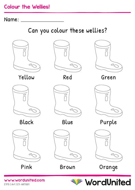 Let's have fun colouring in the wellies! Children practice their fine motor skills as they colour in the wellies. Recognise colour words. Colours In French, French Preschool Activities, Free French Lessons, Learning French For Kids, French Alphabet, French Worksheets, French Teaching Resources, French Activities, French Language Lessons