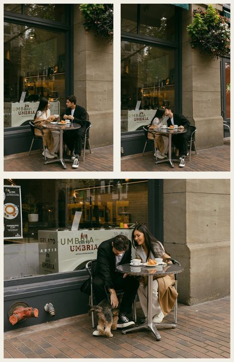 Romantic Coffee Shop Engagement Photos in Pioneer Square Coffee Shop Family Photoshoot, Cafe Engagement Photos, Coffee Shop Engagement Shoot, Coffee Engagement Photos, Romantic Coffee, Seattle Engagement Photos, Lake Union, Beautiful Streets, Little Family