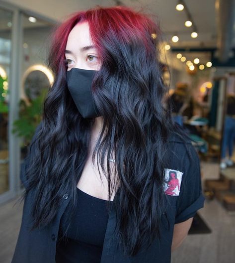 Red Black Dyed Hair, Red Root Black Hair, Red Hot Roots Hair, Red Roots On Black Hair, Only Roots Dyed Hair, Hair Roots Dyed, Red Root Hair, Red Roots With Black Hair, Red Shadow Root Black Hair