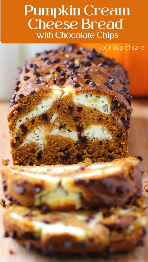 Cream Cheese Pumpkin Bread, Pumpkin Bread With Chocolate Chips, Cheesecake Bread, Cream Cheese Pumpkin, Pumpkin Cream Cheese Bread, Bread With Chocolate Chips, Chip Recipes, Bread With Chocolate, Cream Cheese Bread