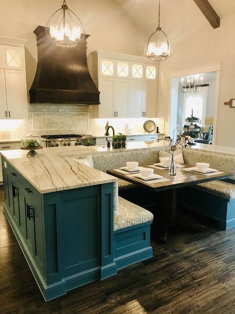 Kitchen Island With Booth Seating Built Ins, Kitchen Built In Booth, Kitchen Island With Kitchen Table, Kitchen With A Booth, Build In Kitchen Seating, Eat In Kitchen Booth Built Ins, Banquet Kitchen Island, Dining Room Table Booth, Bench Island Seating