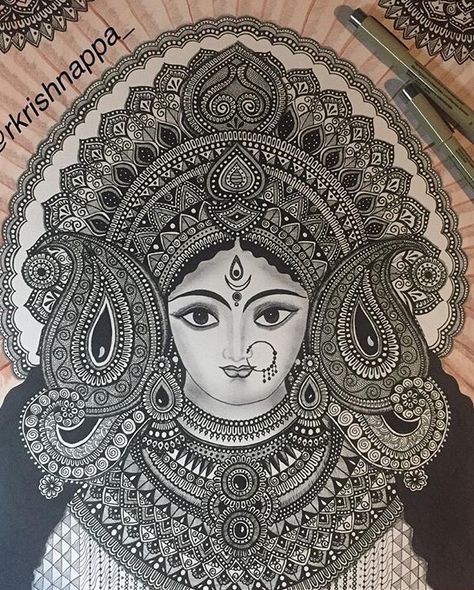 @rkrishnappa How To Draw Goddess, Yakshagana Mandala Art, Yakshagana Drawing Sketch, Mandala Art On A3 Sheet, Goddess Mandala Art, Devi Mandala Art, Durga Devi Drawing, Durga Maa Mandala Art, God Mandala Art