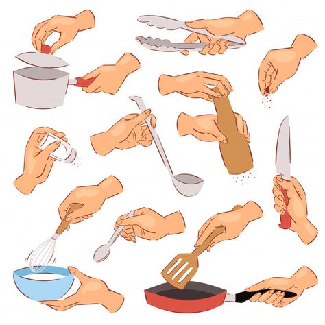 Cooking Pose Reference Drawing, Healthy Illustration, Cook Illustration, Hands Vector, Food Illustration Design, Illustration Kitchen, Kitchen Drawing, Thumbnail Sketches, Anatomy Poses