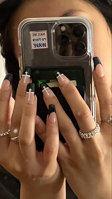 Black Cross French Tip Nails, Y2k Nails With Cross, Black And White Nail Inspo Aesthetic, Acrylic Nail Designs With Crosses, French Nails With Cross Design, Black French Cross Nails, French Tip Nails With Cross Design, Crosses Nail Designs, Black French Tip Nails Cross