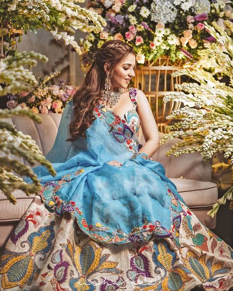 AISHA RAO on Instagram: “@ishamultani stealing hearts in our Ivory Nadenka appliquéd and embellished lehenga and choli paired with a Dodger blue organza cutwork…” Ring Ceremony Dress Indian, Ring Ceremony Dress, Organza Cutwork, Aisha Rao, Ceremony Dress, Wedding Decor Photos, Ring Ceremony, Blue Organza, Happy Dresses