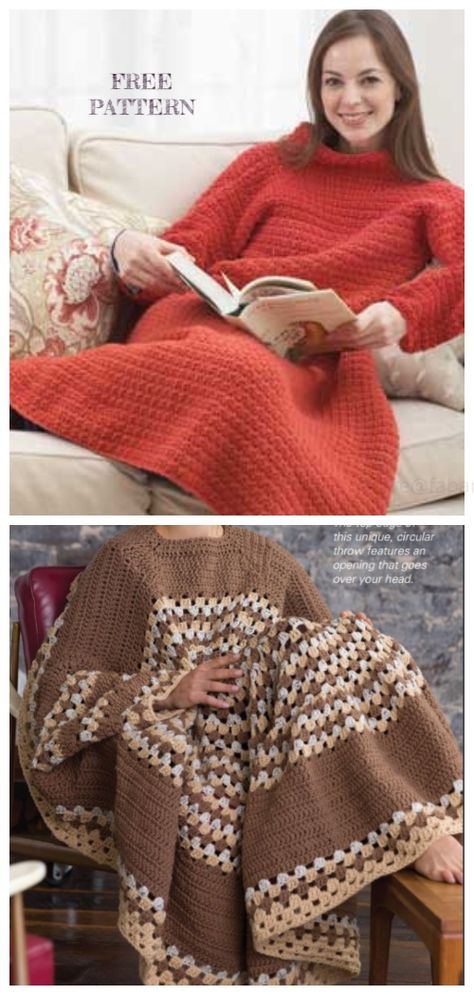 Crochet Snuggle Up Afghan Blankets With Sleeves Free Patterns (Adults) Crochet Snuggie Pattern, Crochet Sweater Blanket, Sweater Blanket Crochet, Crochet Bathrobe Pattern Free, Crochet Blanket Yarn Sweater, Crochet Snuggle Blanket Free Pattern, Crochet Blanket With Sleeves, Adult Hooded Blanket Crochet Pattern Free, Wearable Blanket Crochet Pattern