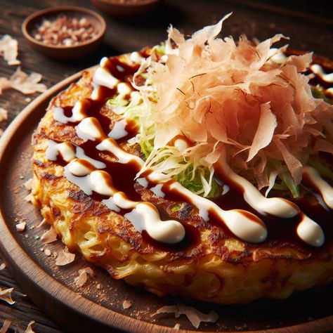 Okonomiyaki: Savory Delight of Japanese Cuisine Japanese Cuisine Photography, Japanese Main Dishes, Japan Food Photography, Japanese Pizza, Japanese Food Photography, Asian Dish, Japanese Breakfast, Japanese Food Bento, Tokyo Food