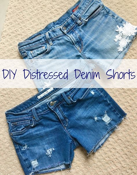 Goodwill jeans turned into distressed denim shorts!  Easy DIY with step-by-step directions. Turning Jeans Into Shorts, Making Shorts From Jeans, How To Distress Jean Shorts, How To Make Jean Shorts, How To Cut Pants Into Shorts, How To Turn Jeans Into Shorts, How To Fray Jean Shorts, Diy Ripped Jean Shorts, Jeans Into Shorts Diy