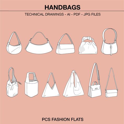 Ready to use fully editable technical drawing of handbags Automatic digital download file Great for tech packs, CAD drawing, spec sheets and expanding your library. Perfect for fashion students, designers, manufacturers and startups to use. What you will receive in the package: * AI File, these include a separate front drawings - you will be able to personalized the drawing such as shape, colour, details and add your logo * PDF version of the front technical drawing  *JPG version If you have any Bag Sketches Design, Bag Shapes Design, How To Draw Bag, Technical Drawing Bag, Bag Design Drawing, Bag Design Sketch, Purse Drawing, Handbag Drawing, Drawing Bags