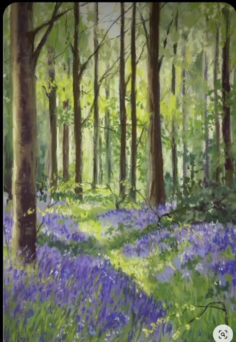 Trees Landscape Drawing, Bluebell Painting Acrylic, Forest Flowers Painting, Bluebell Woods Painting, Spring Forest Painting, Watercolor Art Forest, Forest Art Drawing, Painting Trees Acrylic, Bluebell Painting