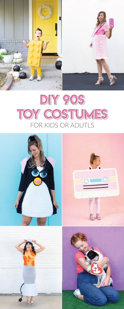 20 DIY 90s Toy Costumes for Halloween // Still need a Halloween costume? Try one of these nostalgic DIY 90s costumes based on childhood toys and games! #diycostume #halloween #diyhalloween #90s #adultcostumes #kidscostumes Toy Costume Ideas For Kids, Halloween Costumes Nostalgia, 90s Style Halloween Costumes, Blossom Costume 90s, Creative 90s Costumes, Diy Halloween Costumes 90s, Toy Costume Ideas For Adults, Childhood Toy Costume Ideas, 90s Toy Halloween Costume