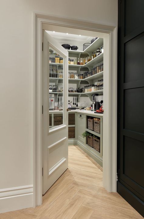 Benchmarx Kitchen, Small Walk In Pantry, Tom Howley Kitchens, Walk In Pantry Ideas, Pantry Lighting, Tom Howley, White Pantry, Better Organization, Glass Pantry Door