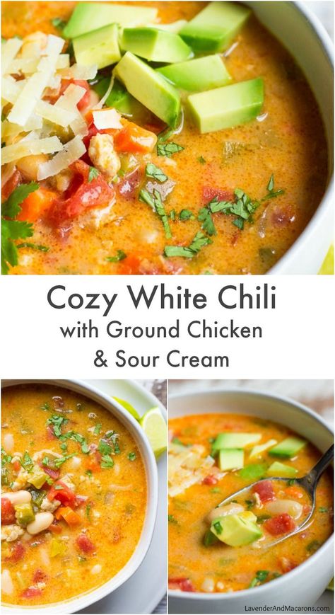 Chili With Ground Chicken, Ground Chicken Chili Recipe, Best White Chicken Chili, Ground Chicken Chili, Lavender Macarons, Chicken Chili Crockpot, Crockpot White Chicken Chili, White Chili, White Chili Chicken Recipe