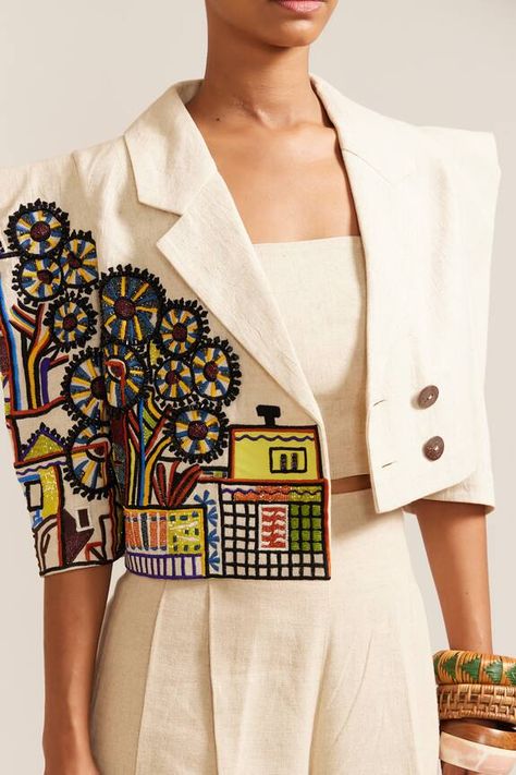 Beige structured crop jacket with applique, hand, and ari embroidery. Paired with coordinating solid pleated pant. - Aza Fashions Modern Embroidery Fashion, Jacket Embroidery, Embroidery Jacket, Embroidery Fashion Detail, Pleated Pant, Linen Embroidery, Structured Jacket, Pant For Women, Fashion Embroidery