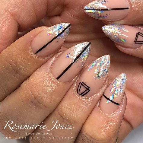 Silver Foil Nail Art, Line Work Nails, Silver Foil Nails, Sheer Nails, Negative Space Nails, Foil Nail Art, Work Nails, Line Work, Festival Nails