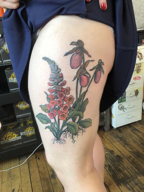 Lady Slipper Tattoo, Fox Glove Flower, Lady Slipper Flower, Plant Sleeve, Fox Glove, Plant Reference, Tattooed Lady, Lady Slipper Orchid, Lady Slipper