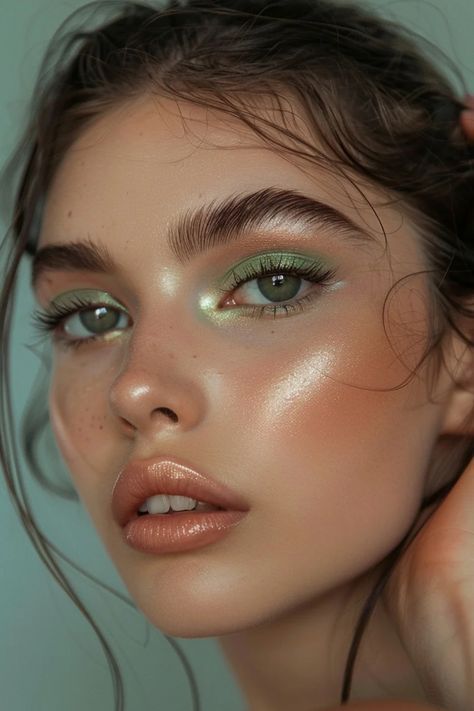 Green Eye Natural Makeup Looks, Glowy Green Makeup, Best Makeup Looks For Green Eyes, Makeup For Green Eyes Fair Skin, Soft Glam Green Eyeshadow, Soft Glam Makeup Green Eyeshadow, Summer Makeup Looks Colorful, Pretty Green Makeup Looks, Eye Makeup Looks Aesthetic