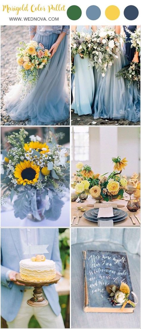 Marigold Spring Wedding Blue and yellow| Bright wedding colors| spring wedding theme| Sunflower wedding| Dusty blue and bright yellow Blue Summer Palette, January Wedding Inspiration, Summer Yellow Wedding, Dusty Blue And Lemon Yellow Wedding, Rustic Wedding Color Schemes Summer Colour Palettes, Wedding Pallet Ideas Colour Schemes Summer, Wedding Pallet Colors, Wedding Colour Palettes Summer, Wedding Color Pallet Ideas Summer