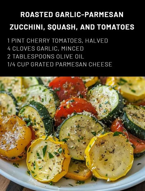 Roasted Garlic-Parmesan Zucchini, Squash, and Tomatoes – 99easyrecipes Roasted Parmesan Zucchini And Tomatoes, Roasted Garlic Parmesan Zucchini Squash And Tomato, Roasted Garlic Parmesan Zucchini, Roasted Squash And Zucchini Recipes, Zucchini And Tomato Recipes, Zucchini Sides, Roasted Squash And Zucchini, Roasted Zucchini And Yellow Squash, Zucchini And Squash Recipes