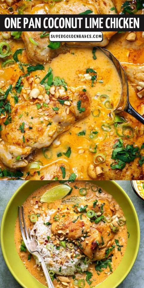 This creamy, zesty and delicious one pan Coconut Lime Chicken cooks in just 30 minutes! Skinless and boneless chicken thighs are first pan seared then braised in coconut milk until tender and packed with flavor. Shabbat Dinner Recipes, Chicken Thigh Casserole, Chicken And Vegetable Bake, Coconut Chicken Recipe, Chicken Thighs Dinner, Healthy Chicken Thigh Recipes, Coconut Milk Chicken, Coconut Lime Chicken, Braised Chicken Thighs