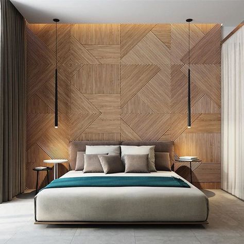 20 Modern And Creative Bedroom Design Featuring Wooden Panel Wall | Home Design And Interior Pelan Rumah, Luxury Bedroom Design, Bed Design Modern, Bilik Tidur, Modern Bedroom Design, Lighting Ceiling, Hotel Decor, Wood Panel Walls, घर की सजावट