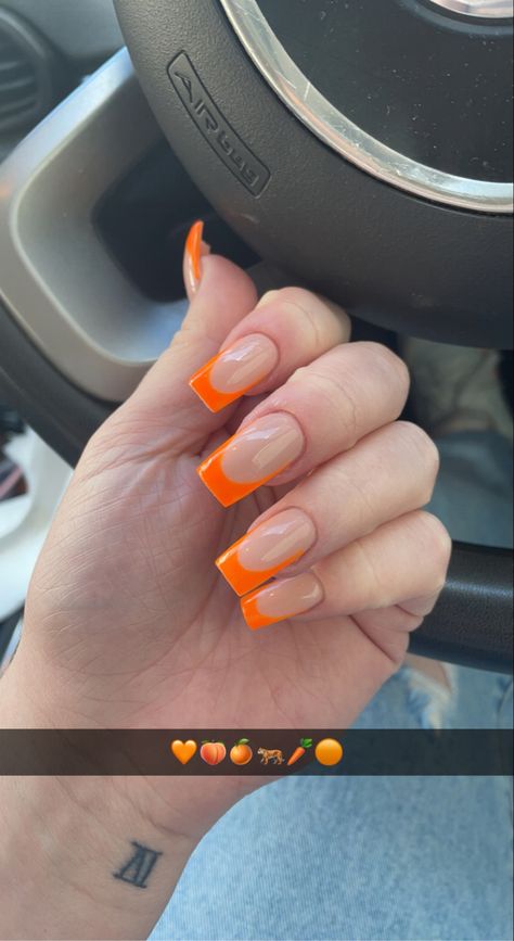 Orange Square French Tip Nails, Orange French Tip Square, Hot Orange French Tip Nails, Neon Orange Prom Nails, Orange Tip Square Nails, Bright Orange French Tip Nails, Square Orange French Tip, Basic Orange Nails, Orange Tips