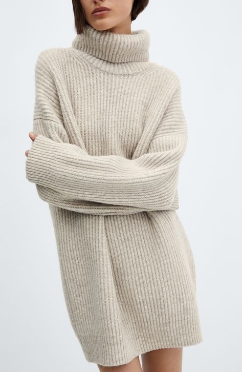 Soft ribbing distinguishes a wool-kissed sweater-dress knit with a cozy turtleneck and slouchy, dropped shoulders. Slips on over head Turtleneck Long sleeves 79% polyester, 13% acrylic, 5% wool, 5% elastane Hand wash, dry flat Imported Vinter Mode Outfits, Winter Mode Outfits, Brown Sweater Dress, Oversized Wool Coat, Fall Sweater Dress, Rib Sweater, Pastel Grey, Winter Fashion Outfits Casual, Dresses Casual Fall