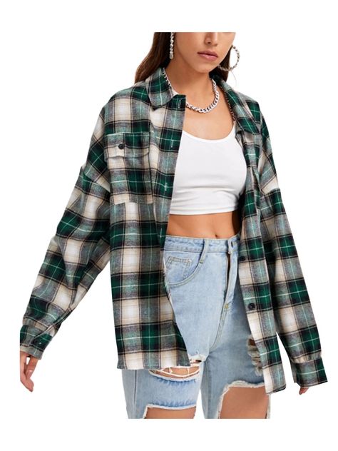 Arrives by Fri, Jan 20 Buy Meihuida Women Plaid Shirt Flannel Oversized Checked Shirt Long Sleeve Blouse Tops at Walmart.com Flannel Outfits Spring, Oversized Flannel Outfit, Green Flannel Outfit, Oversized Checked Shirt, Flannel Shirt Refashion, Boyfriend Plaid Shirt, Buffalo Plaid Shirt, Plaid Shirt Women, Flannel Outfits