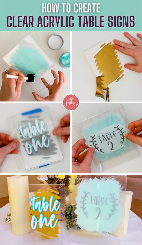 Learn how to create clear acrylic signs using vinyl - step-by-step tutorial from SO Fontsy Acrylic Table Signs, Clear Acrylic Table, Table Numbers Wedding Diy, Table Number Signs, Diy Table Numbers, Silhouette School Blog, First Communion Decorations, Communion Decorations, Acrylic Table Number