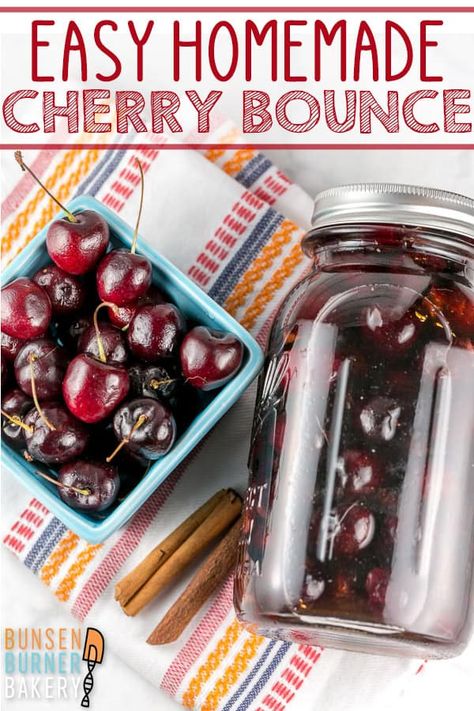 Cherry Bounce Recipe: directions on how to make this easy homemade liquor, using fresh cherries and whiskey, vodka, brandy, or another alcohol of your choice. Perfect for sipping or cocktails! #bunsenburnerbakery #cherrybounce #cherries #whiskey #cocktails Homemade Alcohol Recipes Christmas Gifts, Cherries In Liquor, Moonshine Cherries Recipe, Alcohol Infused Cherries, Cherry Liqueur Recipe, Vodka Cherries Recipe, Bada Bing Cherry Recipes, Cherry Bounce With Vodka, Homemade Whiskey Recipe