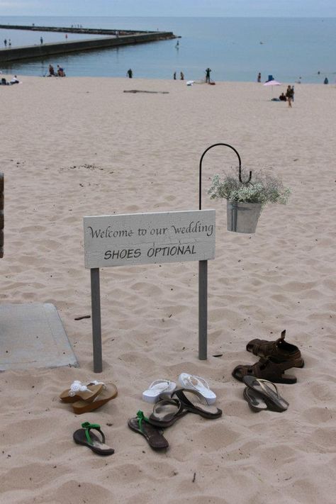 Beach Wedding Shoe Sign, Wedding Signs Beach, Beach Wedding No Shoes, Shoes Optional Beach Wedding, Shoes Optional Beach Wedding Signs, Wedding Reception Beach Theme, Intimate Beach Ceremony, Beach Wedding Set Up Receptions, Beach Ceremony Set Up